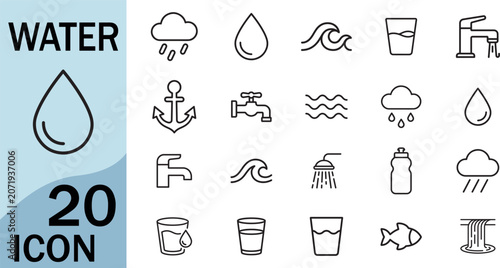 Fotografie Water related icons including rain, drops, faucet and waves