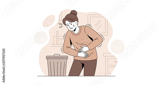 Woman Experiencing Abdominal Pain and Distress, Illustrated in A Minimalistic Style