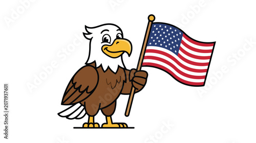 Cute Eagle Mascot Waving American Flag Flat Vector Illustration