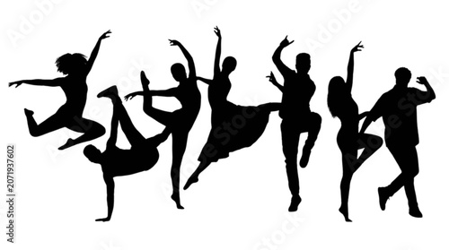 Canvas Print Group of dancers performing mid-air ballet moves together isolated on transparen