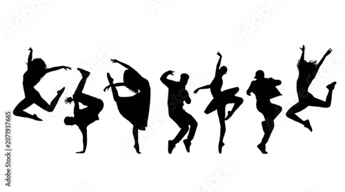 Vászonkép Silhouette sequence of people dancing in mid-air joyfully isolated on transparen
