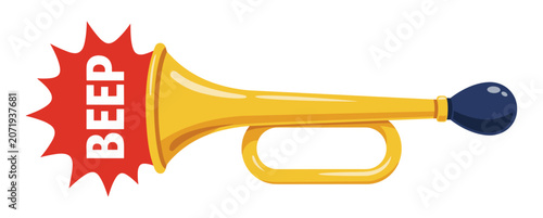 Golden vintage horn with beep text sound cloud and bulb