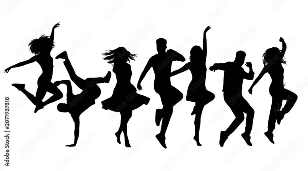 Fototapeta premium Silhouette group of people dancing together joyfully isolated on transparent background, Vector