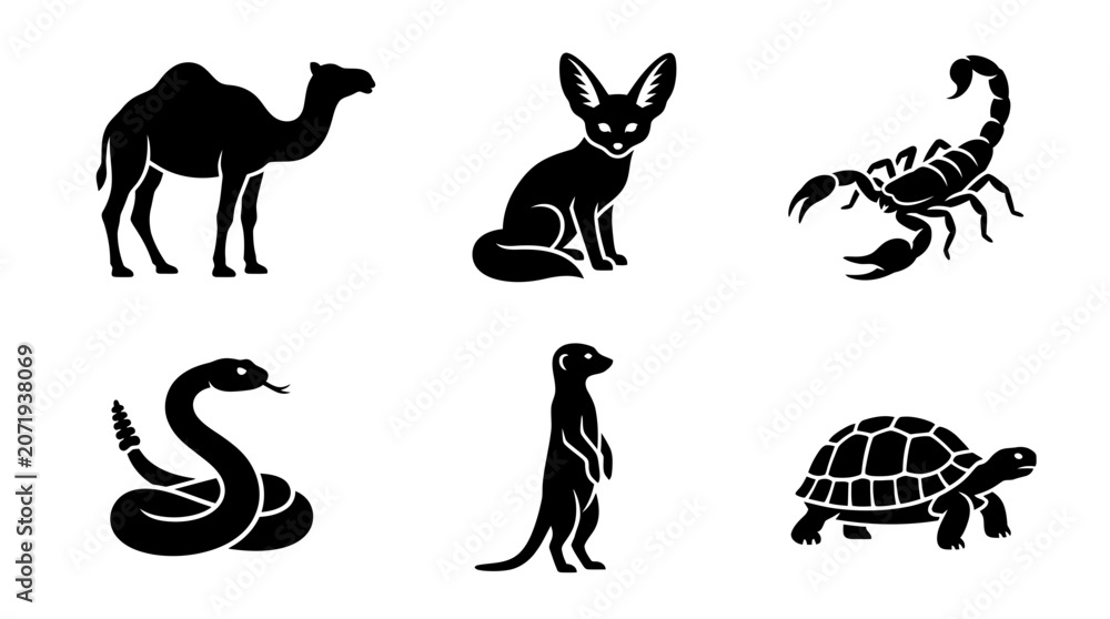 Obraz premium desert animal silhouette symbols, camel, fennec fox, scorpion, rattlesnake, meerkat, desert tortoise, exactly six symbols