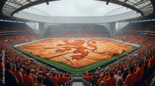A massive orange lion flag is spread across a crowded soccer stadium field during a cloudy.
