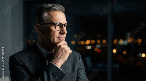 A contemplative mature businessman in glasses looking out from his office window at city lights.