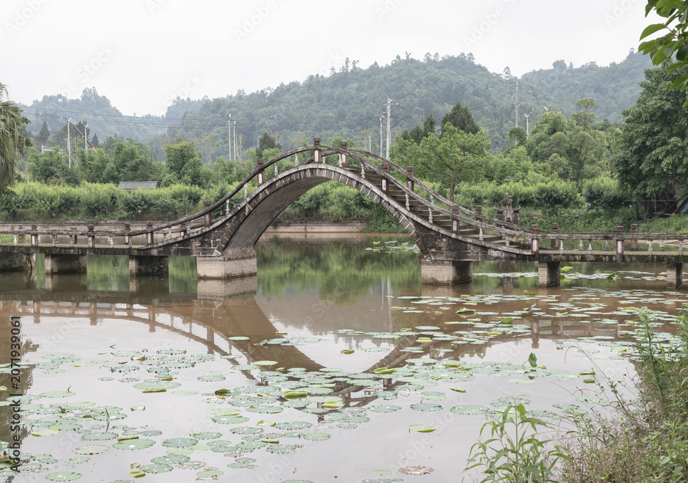 Obraz premium In Dazu Lotus Manor, a high-arched, traditional stone footbridge gracefully spans a calm body of water. Its distinctive, steeply curved silhouette casts a mirrored reflection onto the surface below, w