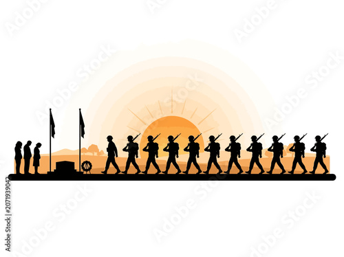 Obraz na płótnie People marching in a procession with flags at sunset