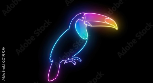 Neon toucan silhouette with vibrant rainbow glow.