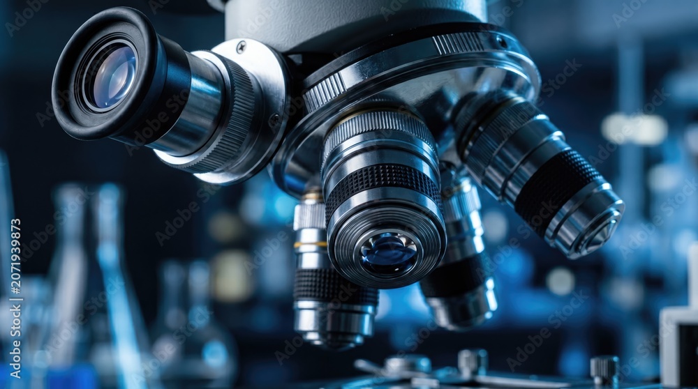 Fototapeta premium Close-Up of Modern Microscope in Laboratory with Scientific Equipment
