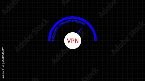Animated speedometer sign with VPN icon. Indicator level icon. Risk level. Car speedometer cartoon animation on black background 4k motion video animation.