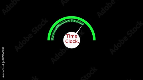 Animated speedometer sign with clock time icon. Indicator level icon. Risk level. Car speedometer cartoon animation on black background 4k motion video animation.