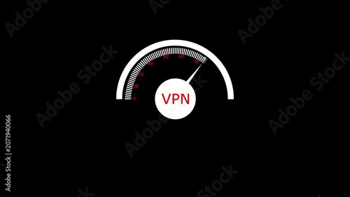 Animated speedometer sign with VPN icon. Indicator level icon. Risk level. Car speedometer cartoon animation on black background 4k motion video animation.