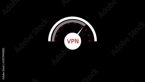 Animated speedometer sign with VPN icon. Indicator level icon. Risk level. Car speedometer cartoon animation on black background 4k motion video animation.