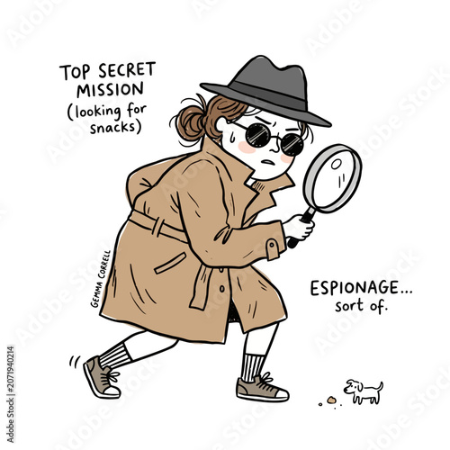 Foto Woman on top secret mission looking for snacks with magnifying glass