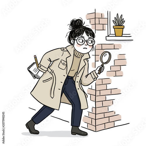 Foto Detective peeking around corner with magnifying glass and notebook