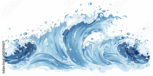 Billede på lærred Blue water splash vector illustration with dynamic curves and white foam droplet