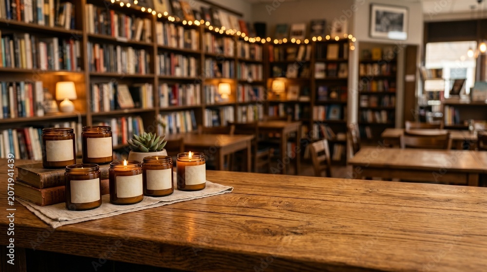 Fototapeta premium Cozy bookstore interior featuring lit amber candles on a rustic wooden table surrounded by bookshelves and warm ambient string lights.
