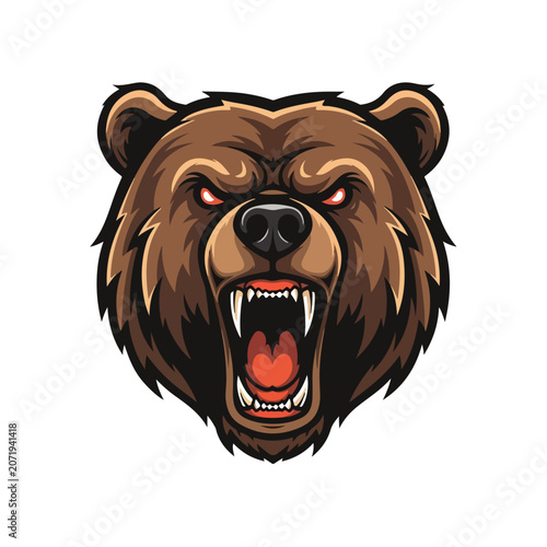 Roaring Bear Mascot Head Aggressive Sports Logo Flat Vector Illustration Set