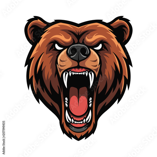 Roaring Bear Mascot Head Aggressive Sports Logo Flat Vector Illustration Set