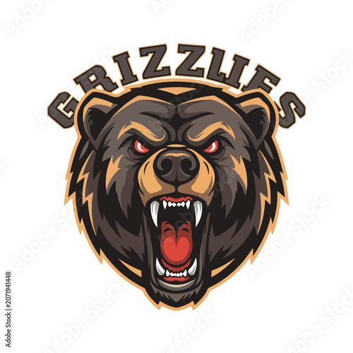 Roaring Bear Mascot Head Aggressive Sports Logo Flat Vector Illustration Set