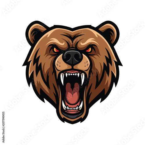 Roaring Bear Mascot Head Aggressive Sports Logo Flat Vector Illustration Set