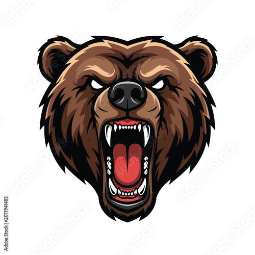 Roaring Bear Mascot Head Aggressive Sports Logo Flat Vector Illustration Set