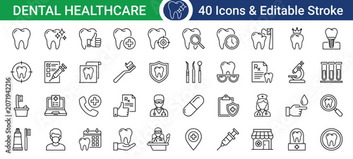 Dental healthcare icons set with editable stroke, vector illustration