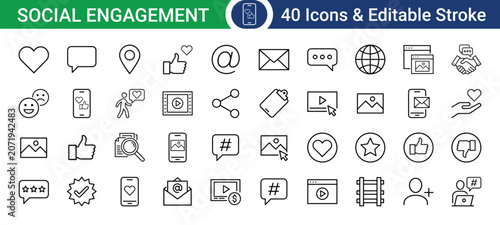 Set of social media engagement icons on transparent background, vector illustration