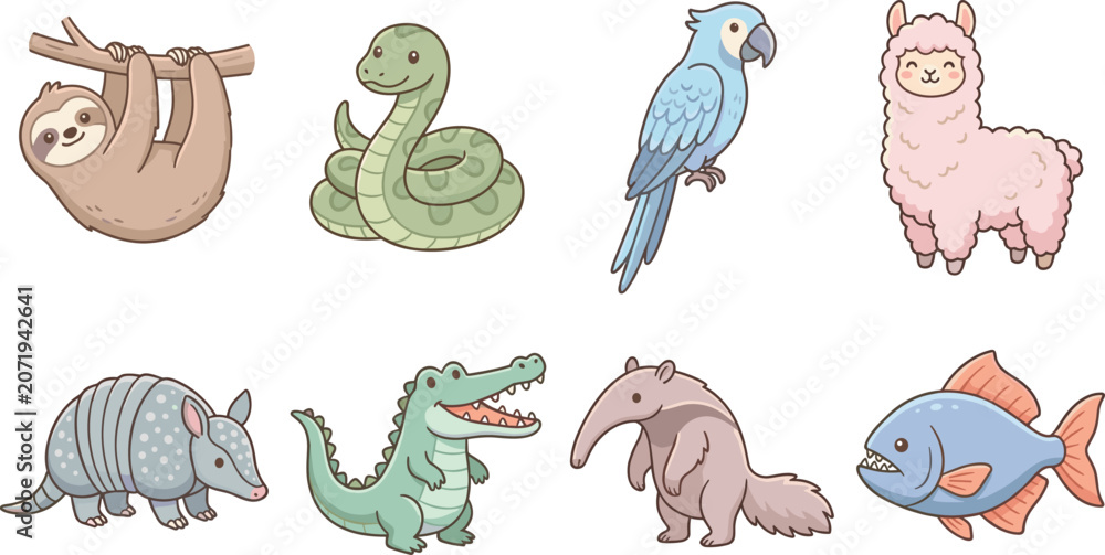 Fototapeta premium Cute Cartoon Animal Collection Featuring Sloth, Snake, Parrot, Alpaca, Armadillo, Crocodile, Anteater, and Fish Vector Illustrations