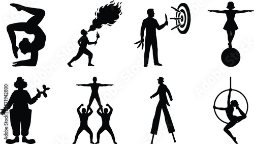 Fotografía Circus performers icon set featuring black silhouettes of contortionist fire bre