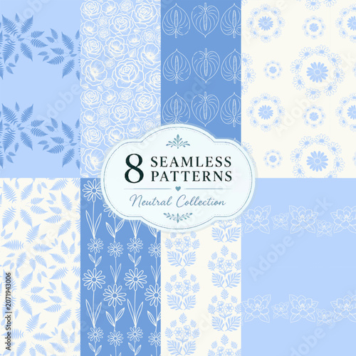 Elegant Blue Botanical Collection of Eight Seamless Patterns
