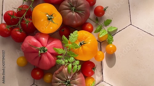 Colorful heirloom tomatoes variety on tiled background
