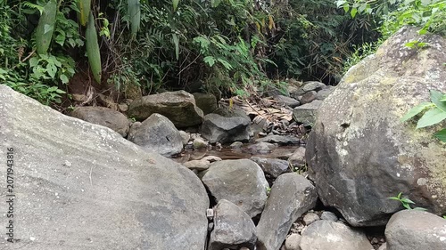 Crystal Clear Mountain River Flowing Through Natural Forest Landscape