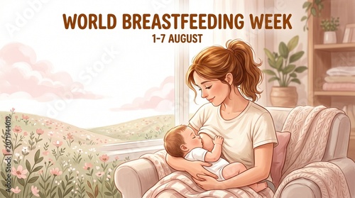 World breastfeeding week illustration of mother and baby