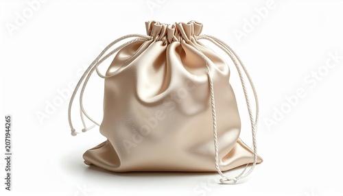 Luxury Gold Satin Drawstring Pouch with Cinched Top and Tassel Strings Isolated on White Background