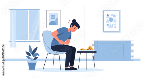 Woman Experiencing Abdominal Pain After Eating Pizza Depicted In Attractive Illustration