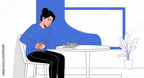 Woman Experiencing Abdominal Pain After Eating Spaghetti, Digital Illustration.