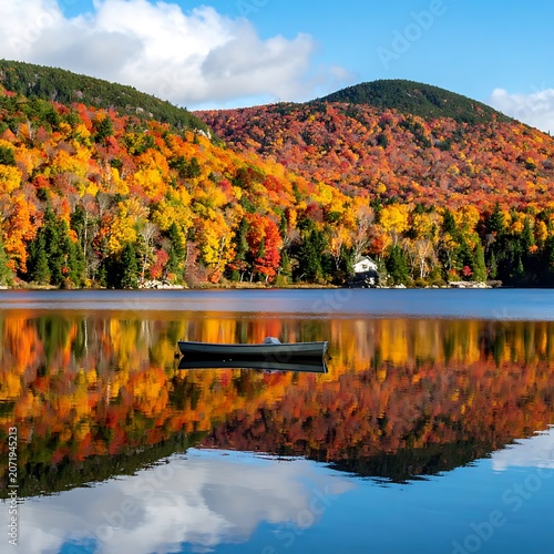 A serene lake reflecting a colorful mountain landscape