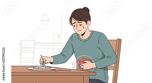 Woman Experiencing Abdominal Pain After Eating While Sitting At The Table