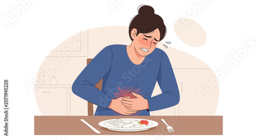 Woman Experiencing Abdominal Pain After Eating, Depicting Indigestion And Stomach Ache Problems