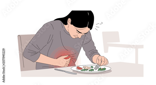 Woman Experiencing Abdominal Pain After Eating While Sitting At The Dining Table
