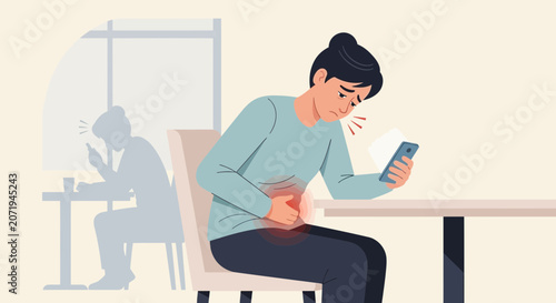 Woman Experiencing Abdominal Pain and Anxiously Using Phone in Cafe Illustration