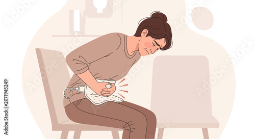 Woman Experiencing Abdominal Pain And Applying Heat Using Electric Heating Pad