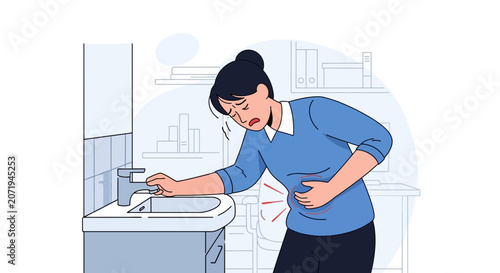 Woman Experiencing Abdominal Pain and Apparent Illness Graphic Illustration