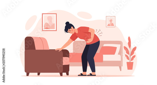 Woman Experiencing Abdominal Pain And Back Pain Illustration Inside Her Home.