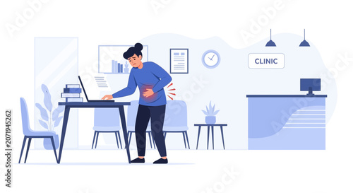Woman Experiencing Abdominal Pain and Backache in a Medical Clinic Environment Illustration