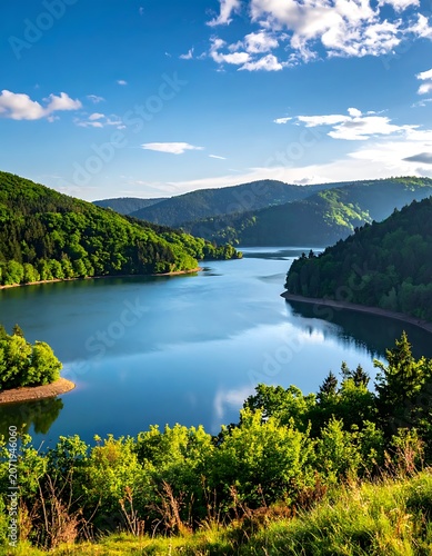 A serene lake surrounded by lush green mountains and trees under a clear blue sky