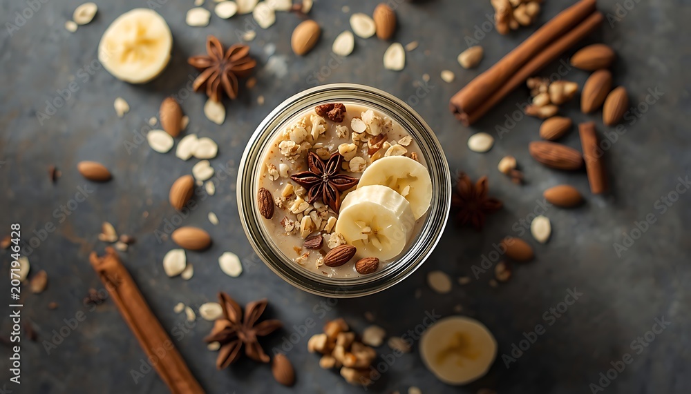 Fototapeta premium A creamy oatmeal dessert topped with banana slices almonds cinnamon sticks and star anise on a rustic dark surface