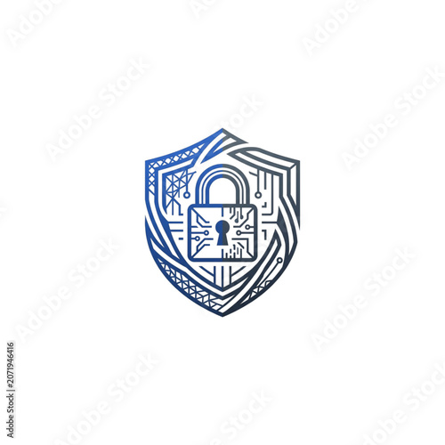 Cybersecurity Data Protection Shield with Digital Padlock and Circuit Lines Vector Icon